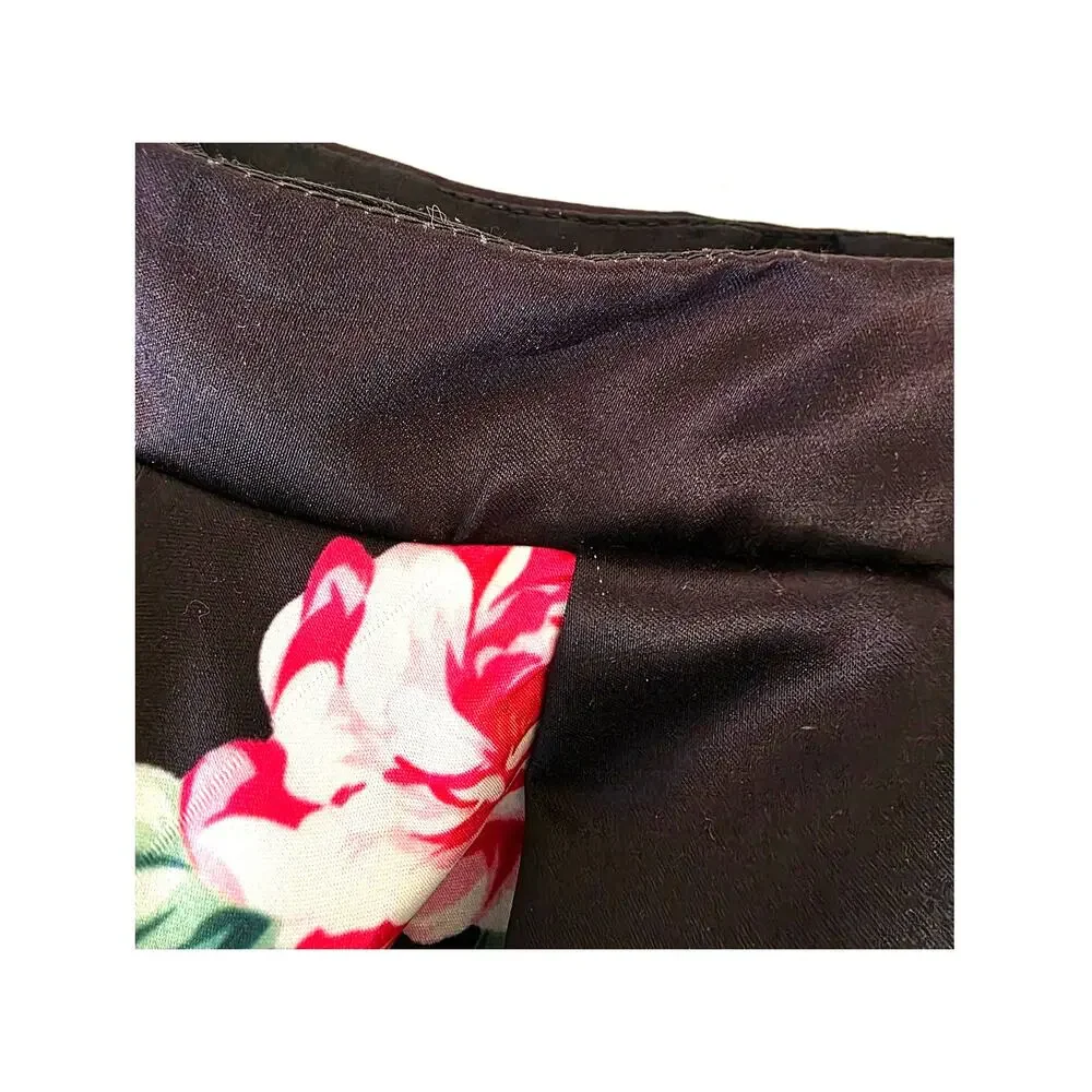 Black Pink Red Rose Silky Feel Mini Skater Skirt Pockets Fitted Waist Womens L